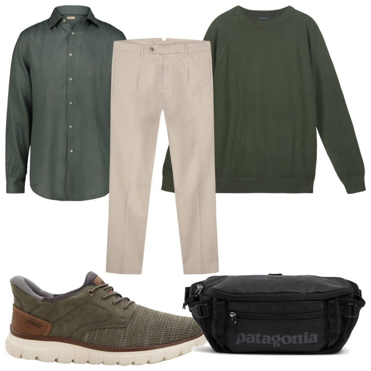Outfit uomo - Total look #2119728. Stile Trendy per Tutti i giorni. Abbinamento con sneakers, camicie, borse sportive, maglieria, pantaloni.