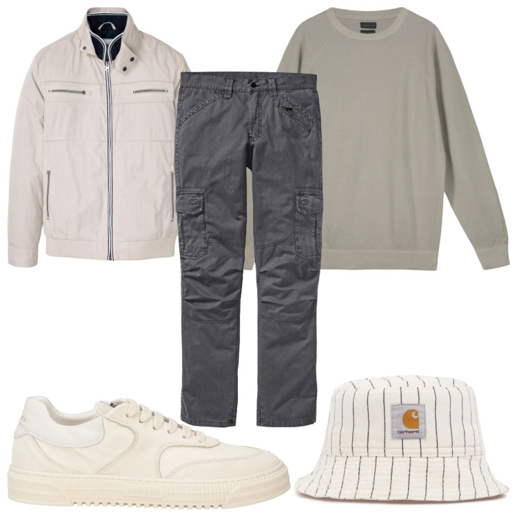 Outfit uomo - Total look #2119730. Stile Trendy per Tutti i giorni. Abbinamento con pantaloni cargo, giacche, sneakers, maglieria, cappelli.