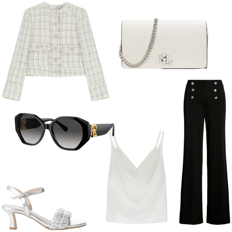 Outfit donna - Gli Occhiali trendy. Stile Bon Ton per Cerimonia. Abbinamento con blazer, sandali col tacco, canottiere, occhiali da sole, pantaloni, borse a tracolla.