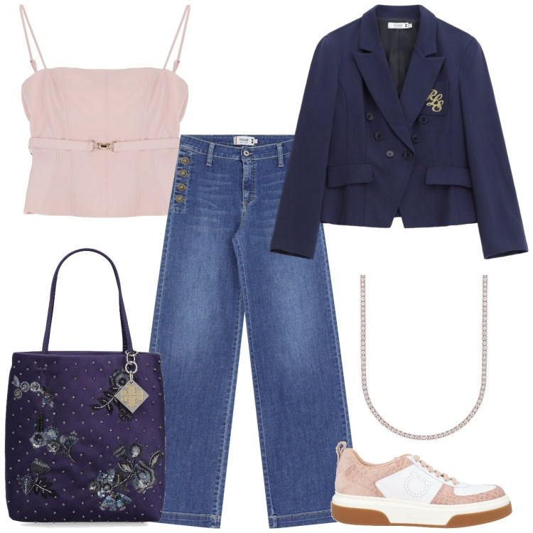 Outfit donna - Total look #2119738. Stile Casual chic per Serata fuori. Abbinamento con sneakers, collane, blazer, jeans a zampa, top, borse a mano.