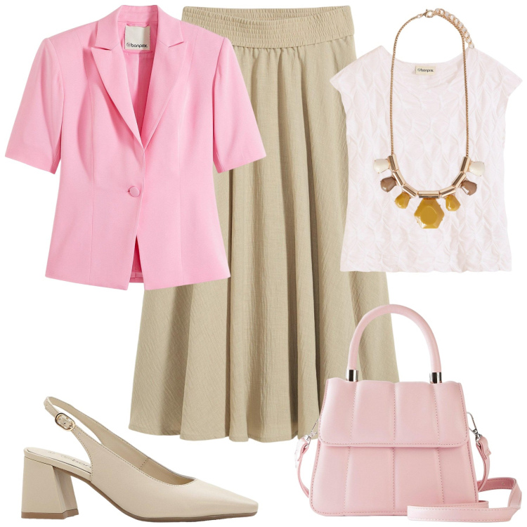 Outfit donna - In ufficio. Stile Glamour per Ufficio. Abbinamento con décolleté, blazer, gonne longuette, top, borse a tracolla, collane.