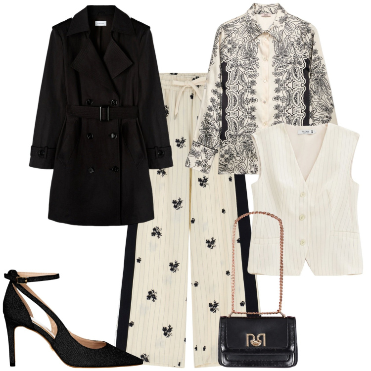 Outfit donna - Serata evento speciale. Stile Chic per Serata fuori. Abbinamento con décolleté, borse a tracolla, pantaloni, gilet, trench, camicie.