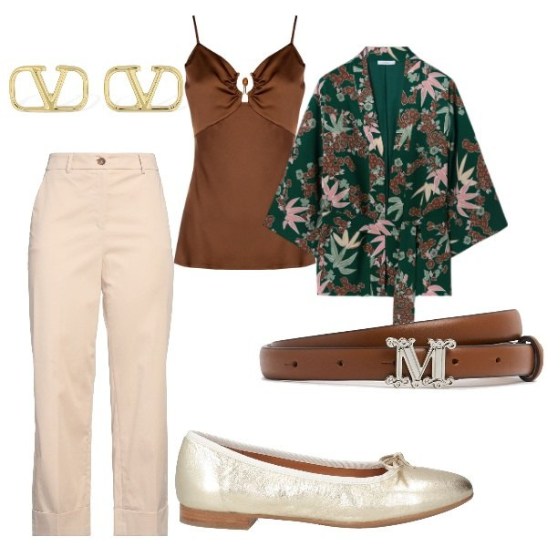 Outfit donna - Serata tra amici. Stile Casual chic per Serata fuori. Abbinamento con ballerine, pantaloni, top, orecchini, cinture, kimono.