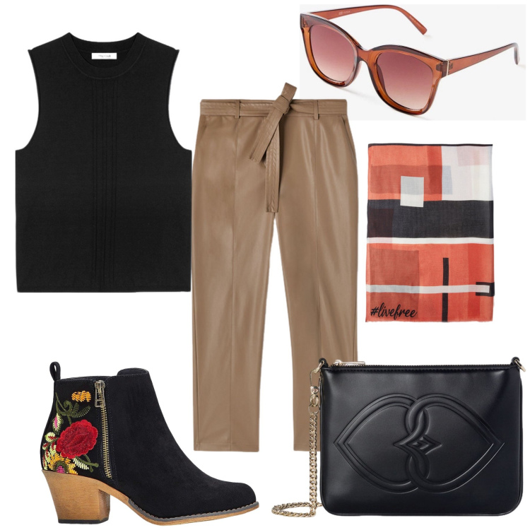 Outfit donna - In un giornata primaverile. Stile Casual chic per Tutti i giorni. Abbinamento con stivaletti, occhiali da sole, sciarpe, pochette, pantaloni, top.