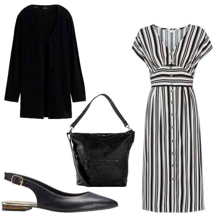 Outfit donna - Un vestito a righe. Stile Casual chic per Serata fuori. Abbinamento con vestiti, ballerine, cardigans, borse a tracolla.