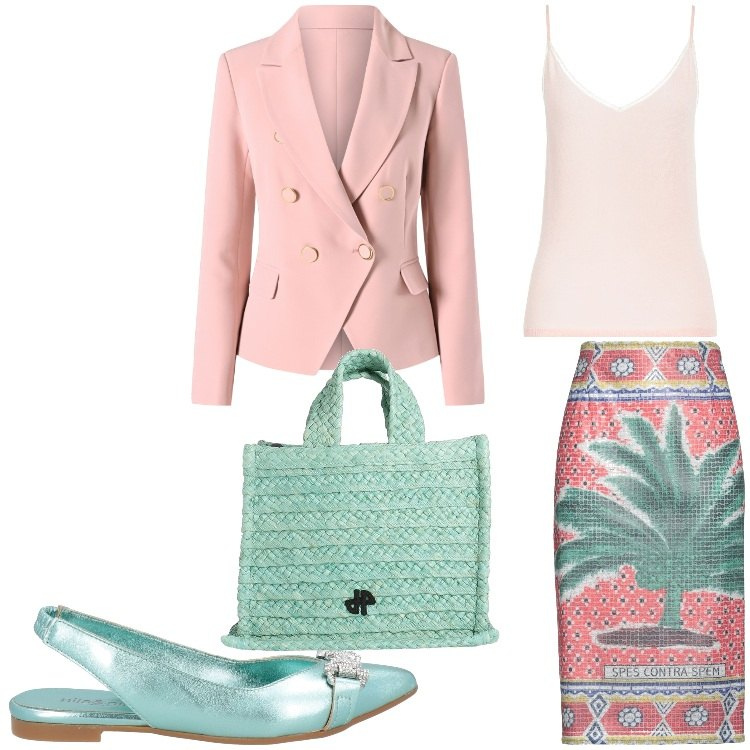 Outfit donna - Rosa e verde. Stile Casual chic per Serata fuori. Abbinamento con top, gonne longuette, borse a mano, ballerine, blazer.
