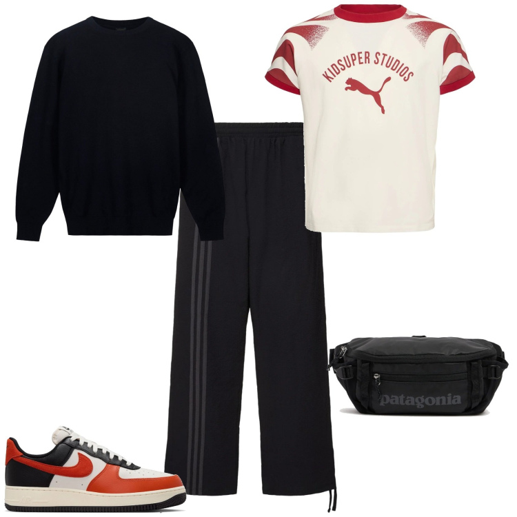 Outfit uomo - Tempo libero con stile. Stile Casual per Sport. Abbinamento con maglieria, sneakers, pantaloni, borse sportive, t-shirt.