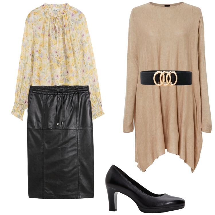 Outfit donna - Una serata con amici. Stile Glamour per Tutti i giorni. Abbinamento con maglieria, cinture, bluse, décolleté, gonne longuette.