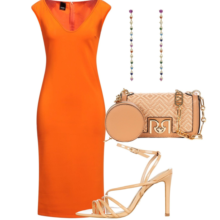 Outfit donna - Abito arancio. Stile Chic per Ufficio. Abbinamento con vestiti midi/longuette, orecchini, borse a tracolla, sandali col tacco.