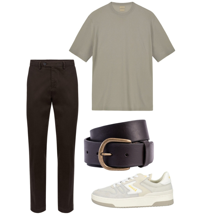 Outfit uomo - City. Stile Casual per Tutti i giorni. Abbinamento con sneakers, pantaloni chino, t-shirt, cinture.