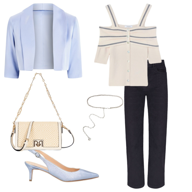 Outfit donna - L\'aperitivo pomeridiano tra amiche. Stile Casual chic per Serata fuori. Abbinamento con décolleté, borse a tracolla, bolero, pantaloni, top, cinture.