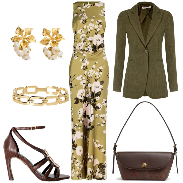 Outfit donna - Serata fuori. Stile Glamour per Serata fuori. Abbinamento con braccialetti, vestiti lunghi, blazer, orecchini, borse a spalla, sandali gioiello.