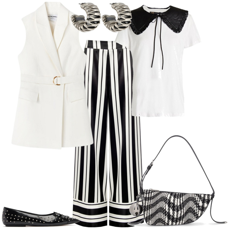 Outfit donna - Total look #2119771. Stile Chic per Serata fuori. Abbinamento con t-shirt, pantaloni a palazzo, orecchini, ballerine, borse a spalla, gilet.