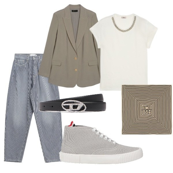 Outfit donna - Aperitivo veloce. Stile Casual per Serata fuori. Abbinamento con sneakers alte, jeans mom, blazer, foulard, cinture, t-shirt.