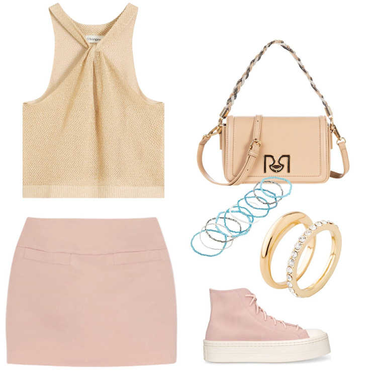 Outfit donna - Pomeriggio in compagnia. Stile Basic per Tutti i giorni. Abbinamento con anelli, braccialetti, top, borse a tracolla, sneakers, minigonne.