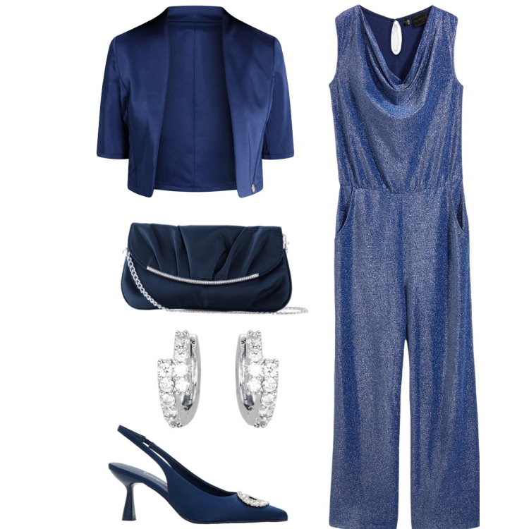 Outfit donna - Chic in tuta. Stile Chic per Cerimonia. Abbinamento con pochette, tute, décolleté, orecchini, blazer.