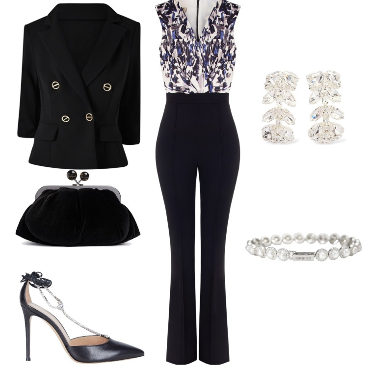 Outfit donna - Cerimonia. Stile Chic per Cerimonia. Abbinamento con décolleté, braccialetti, tute, blazer, pochette, orecchini.