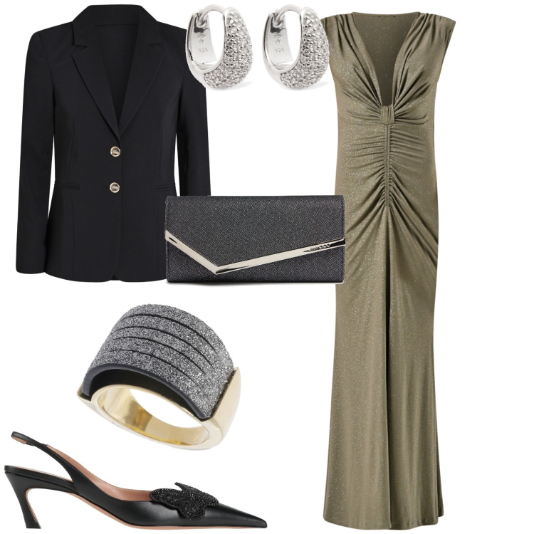 Outfit donna - Serata evento glamour. Stile Glamour per Serata fuori. Abbinamento con décolleté, blazer, vestiti lunghi, anelli, pochette, orecchini.