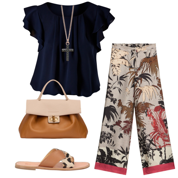 Outfit donna - Total look #2119819. Stile Etnico per Tutti i giorni. Abbinamento con sandali, collane, bluse, borse a tracolla, pantaloni a palazzo.