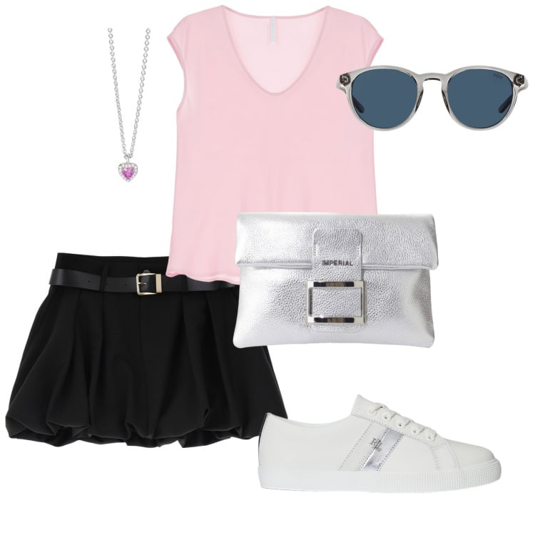 Outfit donna - Estate in città. Stile Casual chic per Ufficio. Abbinamento con ciondoli, minigonne, top, pochette, sneakers, occhiali da sole.