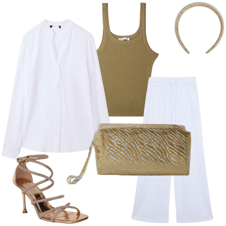 Outfit donna - Vacanza con Terranova. Stile Casual chic per Tutti i giorni. Abbinamento con pantaloni, sandali col tacco, camicie, canottiere, pochette, cerchietti.