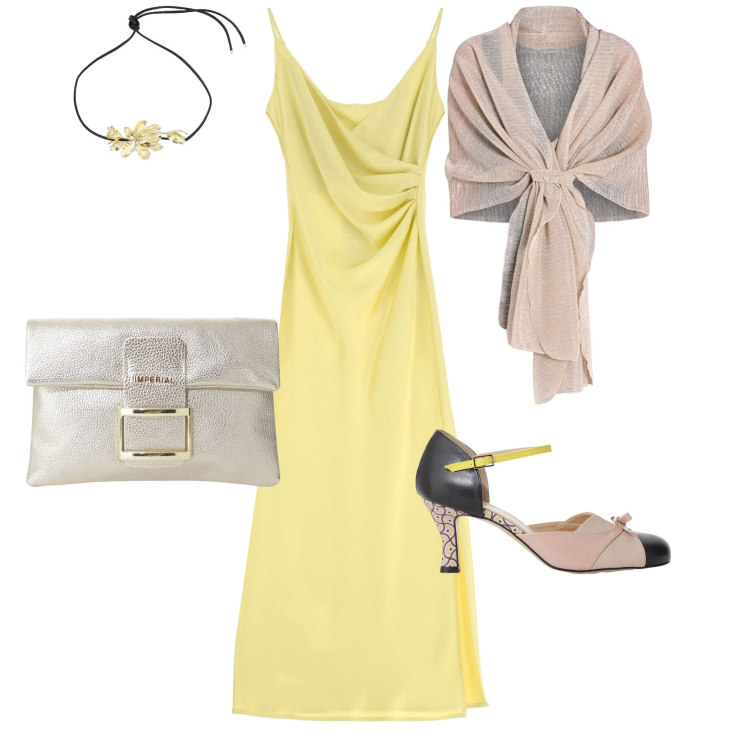 Outfit donna - Cerimonia… in giallo. Stile Glamour per Cerimonia. Abbinamento con stole, vestiti midi/longuette, pochette, décolleté, collane.