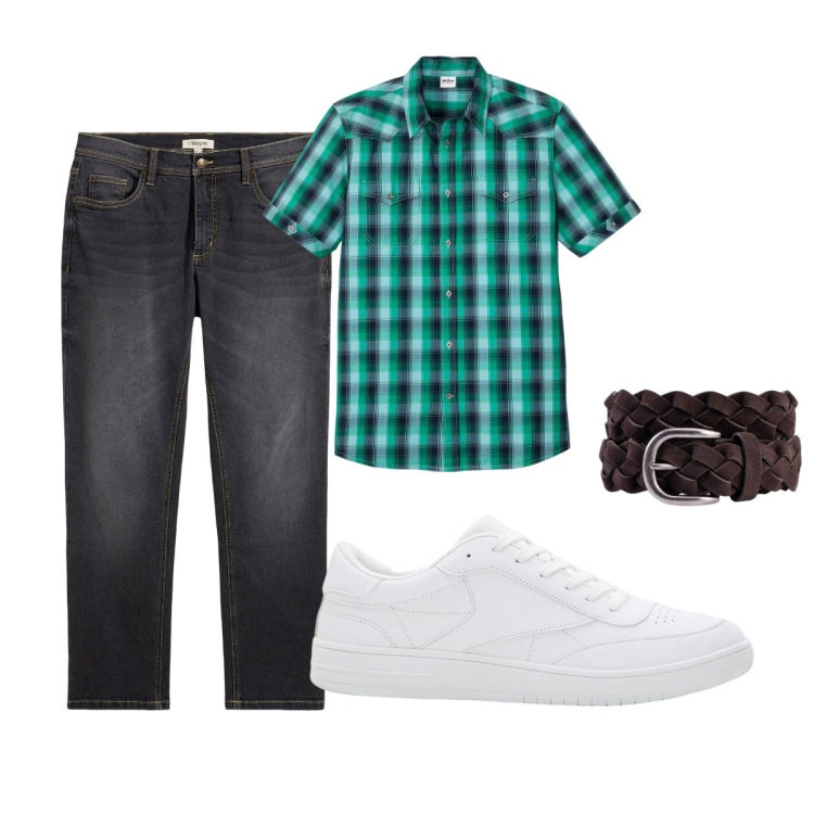 Outfit uomo - Total look #2119862. Stile Casual per Tutti i giorni. Abbinamento con jeans dritti, camicie a manica corta, sneakers, cinture.