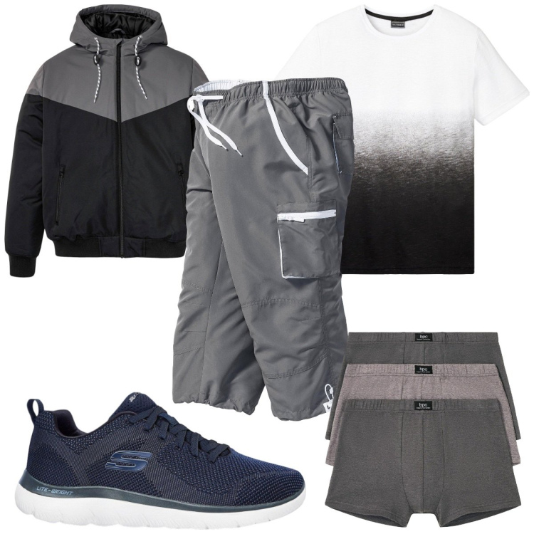 Outfit uomo - Total look #2119878. Stile Trendy per Tutti i giorni. Abbinamento con t-shirt, giacche, pantaloni capri, sneakers, boxer.