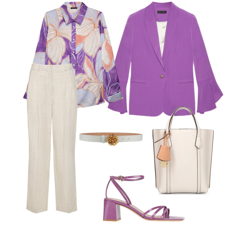 Outfit donna - Una giacca viola. Stile Glamour per Ufficio. Abbinamento con sandali in pelle, cinture, blazer, camicie, borse a mano, pantaloni.