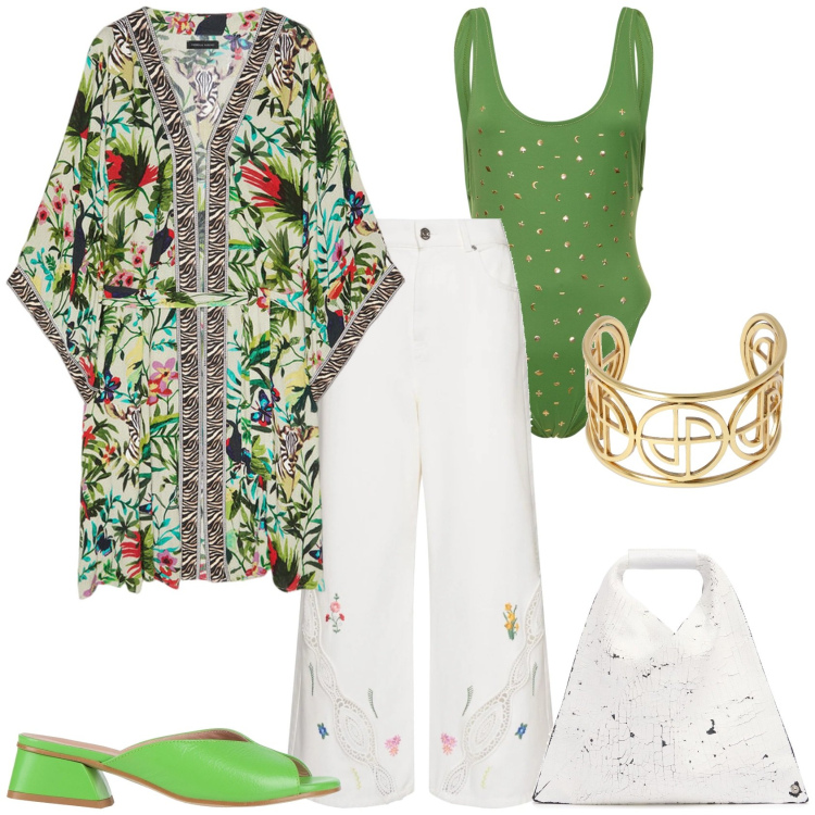Outfit donna - Etnico in spiaggia. Stile Etnico per Mare. Abbinamento con sandali in pelle, caftani, pantaloni, costumi interi, borse a mano, braccialetti.