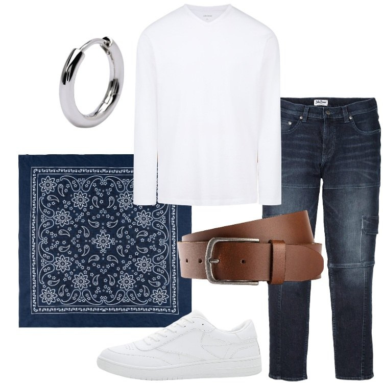 Outfit uomo - Casual a maggio. Stile Casual per Tutti i giorni. Abbinamento con jeans slim fit, cinture, sneakers, orecchini, t-shirt, sciarpe e foulard.