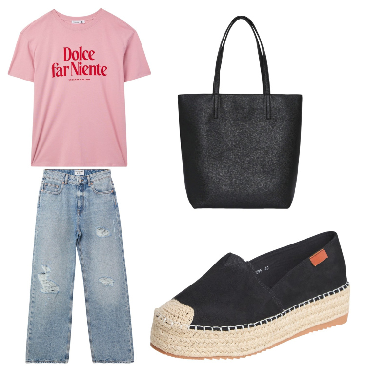 Outfit donna - Aperitivo. Stile Trendy per Tutti i giorni. Abbinamento con borse tote, jeans strappati, espadrillas, t-shirt.