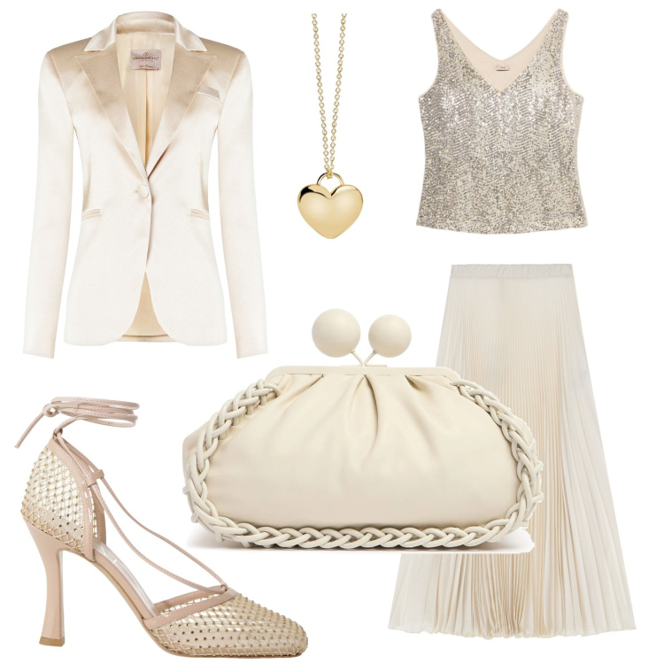 Outfit donna - Total look burro. Stile Glamour Abbinamento con collane, blazer, gonne lunghe, décolleté, pochette, top.