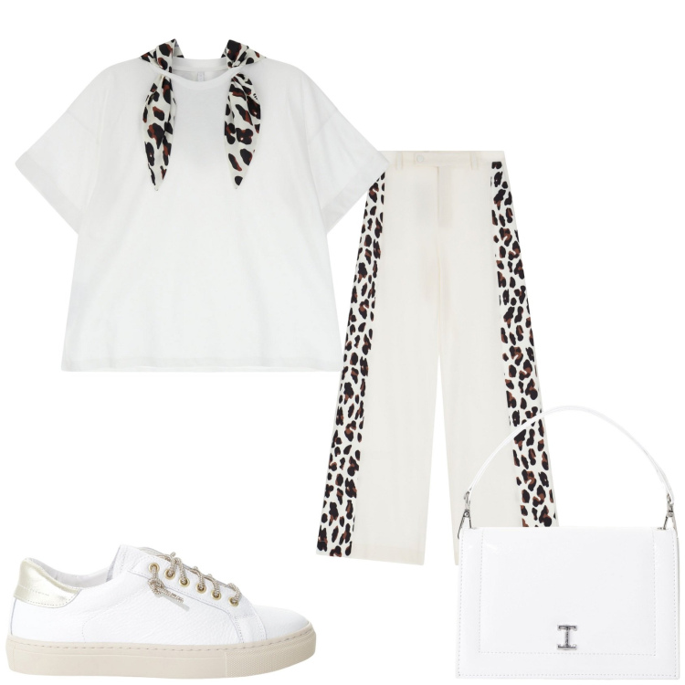 Outfit donna - Imperial sportiva. Stile Sporty chic per Tutti i giorni. Abbinamento con pantaloni a palazzo, sneakers, t-shirt, borse a tracolla.