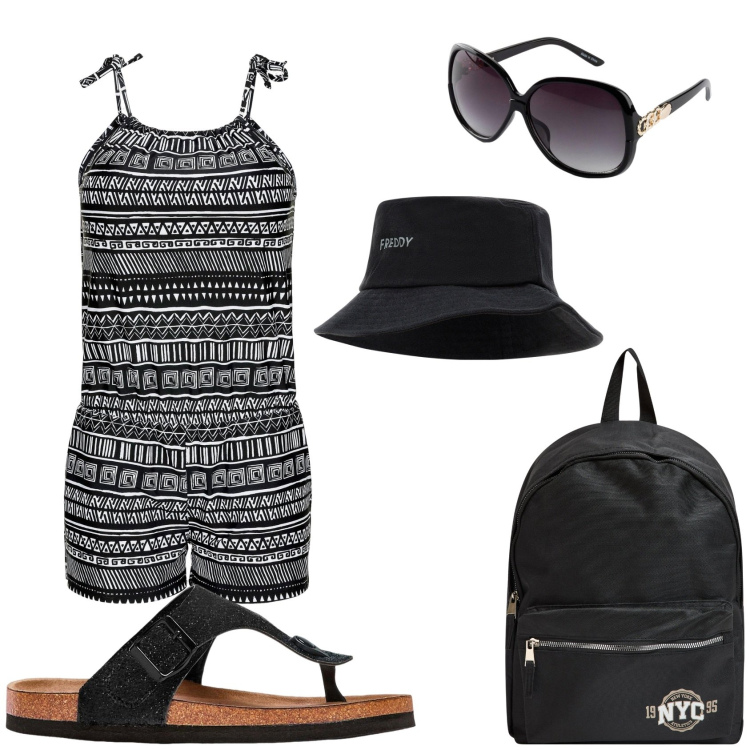 Outfit donna - Arrivo al mare. Stile Casual chic per Mare. Abbinamento con infradito, occhiali da sole, tute, zaini, cappelli.
