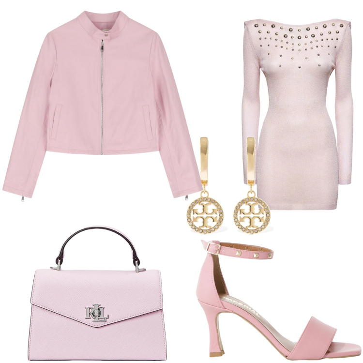 Outfit donna - Apericena in rosa. Stile Sexy per Serata fuori. Abbinamento con sandali col tacco, giacche, borse a mano, orecchini, vestiti.