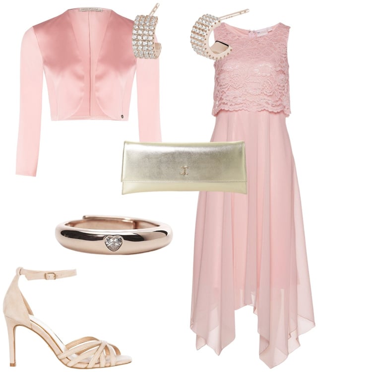 Outfit donna - Cerimonia evento serata speciale. Stile Romantica per Cerimonia. Abbinamento con vestiti midi/longuette, anelli, orecchini, bolero, sandali col tacco, pochette.