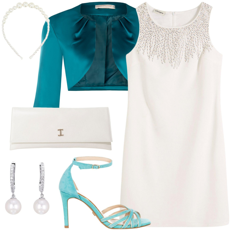 Outfit donna - Cerimonia in bianco e verde!. Stile Chic per Cerimonia. Abbinamento con vestiti a tubino, pochette, cerchietti, orecchini, sandali col tacco, bolero.