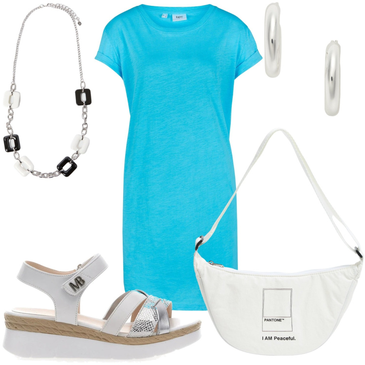 Outfit donna - Abito jersey cotone. Stile Casual chic per Tutti i giorni. Abbinamento con vestiti, marsupi, orecchini, sandali, collane.