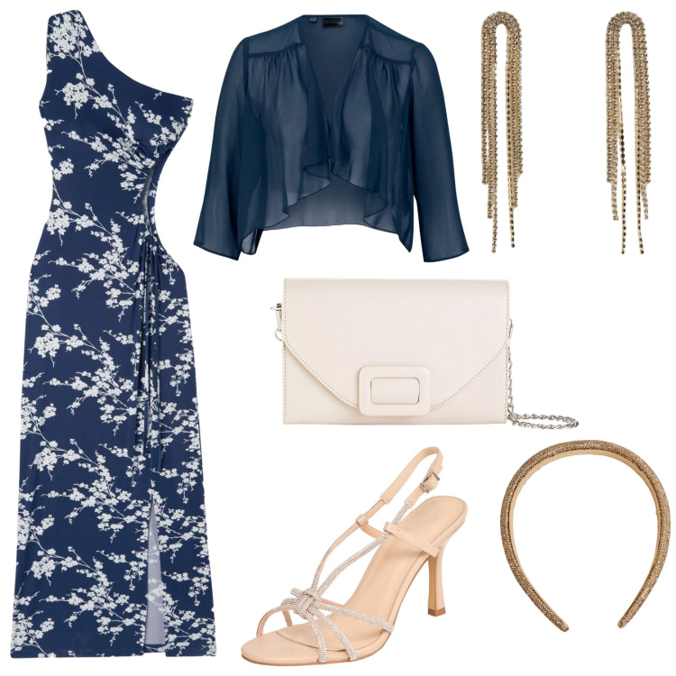 Outfit donna - Cerimonia stile glamour. Stile Glamour per Cerimonia. Abbinamento con blazer, pochette, vestiti asimmetrici, sandali col tacco, orecchini, cerchietti.