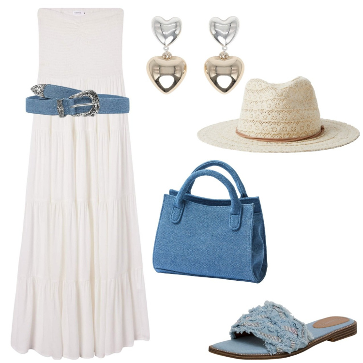 Outfit donna - In vacanza. Stile Casual per Mare. Abbinamento con cinture, cappelli, orecchini, ciabatte, borse a tracolla, vestiti lunghi.