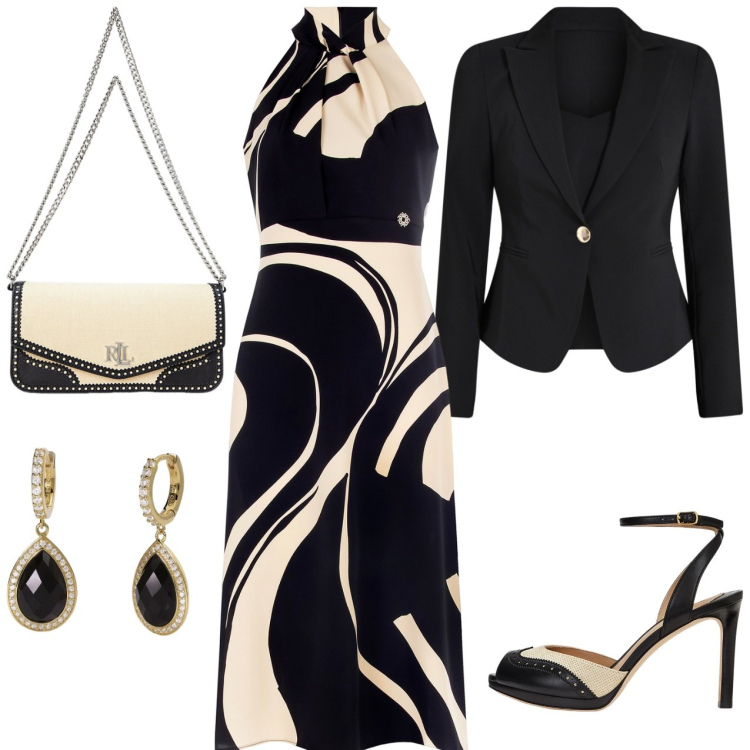 Outfit donna - Abito bold nero beige. Stile Chic per Cerimonia. Abbinamento con orecchini, blazer, vestiti midi/longuette, sandali in pelle, borse a spalla.