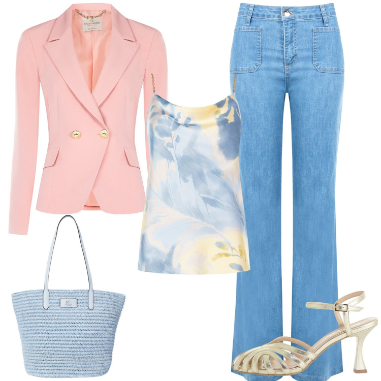 Outfit donna - Colori pastello. Stile Casual chic per Tutti i giorni. Abbinamento con sandali col tacco, blazer, top, jeans, borse tote.