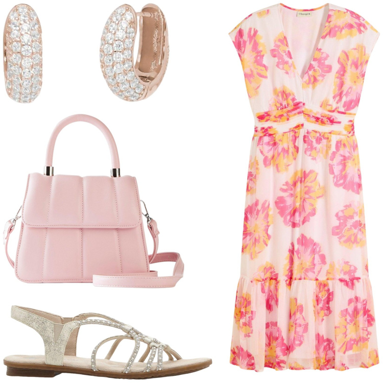 Outfit donna - Speciale abito midi. Stile Casual chic per Tutti i giorni. Abbinamento con vestiti midi/longuette, sandali, borse a tracolla, orecchini.