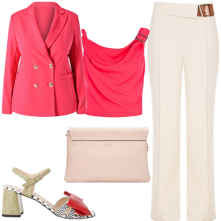 Outfit donna - Cerimonia glamour. Stile Glamour per Cerimonia. Abbinamento con sandali col tacco, pantaloni, top, blazer, borse a tracolla.