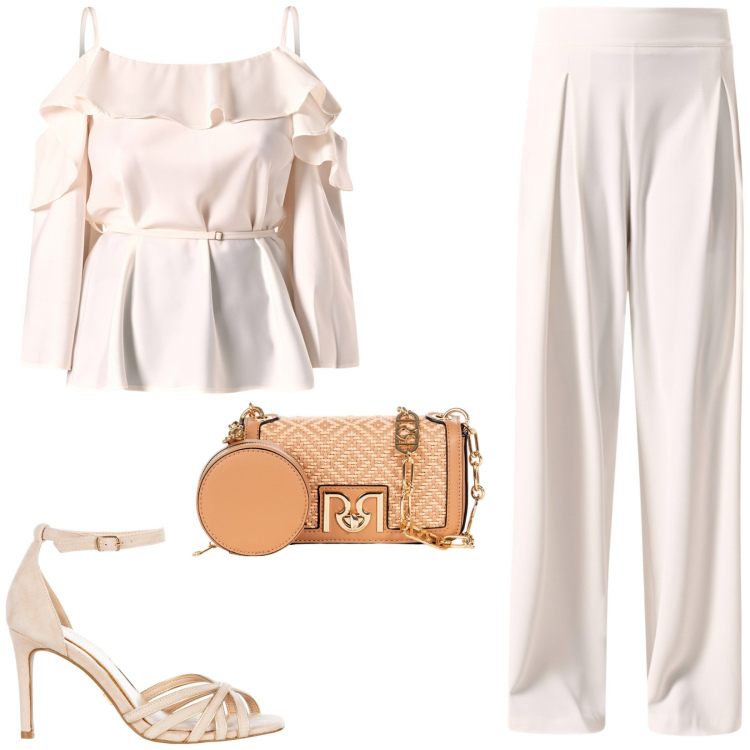 Outfit donna - Cerimonia informale. Stile Casual chic per Cerimonia. Abbinamento con sandali col tacco, pantaloni a palazzo, borse a tracolla, bluse.