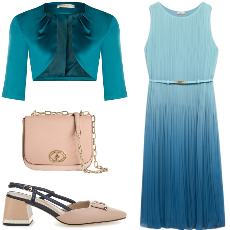 Outfit donna - Cerimonia Easy chic. Stile Casual chic per Cerimonia. Abbinamento con bolero, décolleté, vestiti midi/longuette, borse a tracolla.