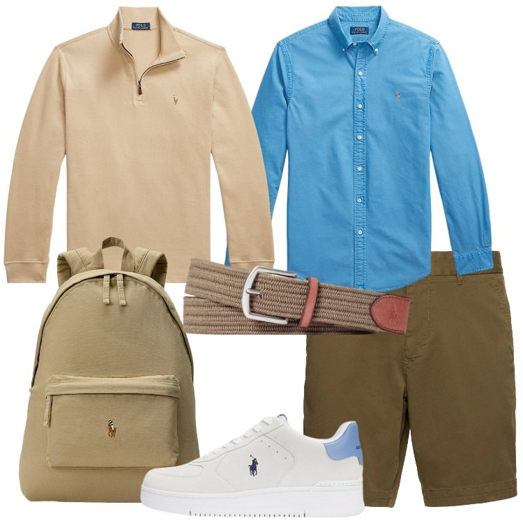 Outfit uomo - Weekend fuori porta. Stile Trendy per Tutti i giorni. Abbinamento con cinture, camicie, pullovers, borse sportive, sneakers, shorts.