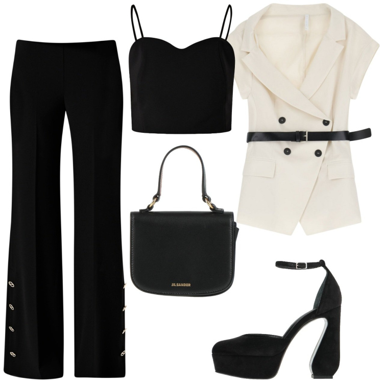 Outfit donna - Giacca senza maniche. Stile Chic per Cerimonia. Abbinamento con borse a mano, décolleté, blazer, pantaloni a palazzo, top.