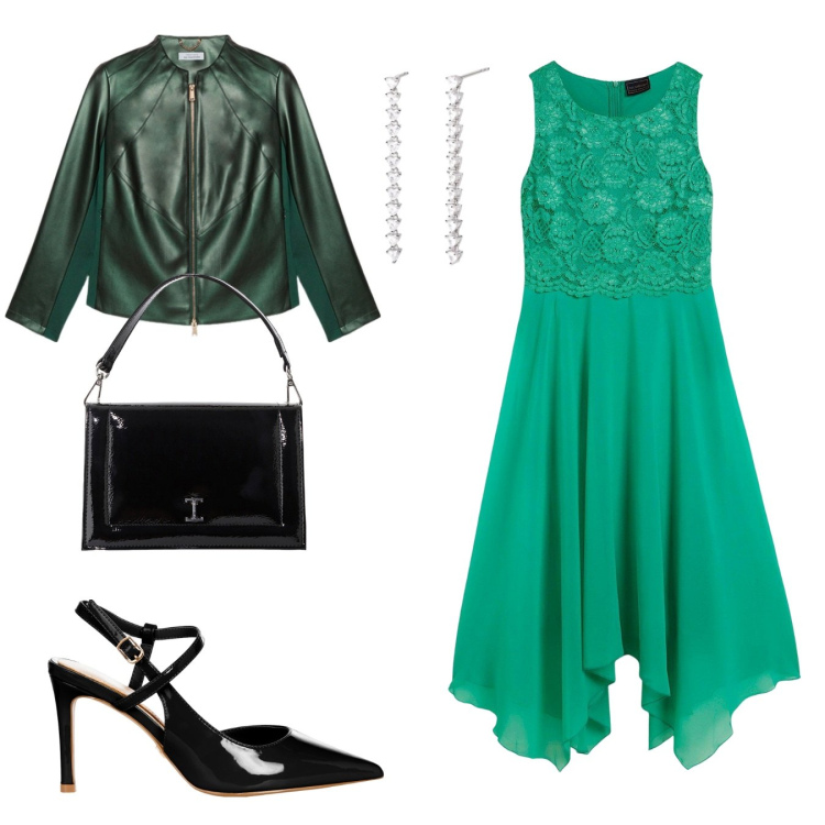 Outfit donna - Cerimonia in verde. Stile Chic per Cerimonia. Abbinamento con vestiti midi/longuette, orecchini, décolleté, borse a tracolla, blazer.